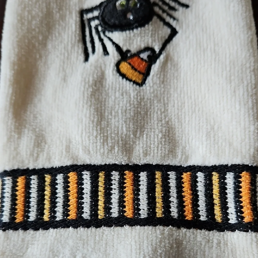 Two Spooky Hand Towels - Black and Orange Spider and Haunted House Motifs